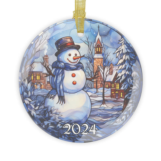 Christmas 2024 Glass Ornament Snowman Blue Christmas Decoration Holiday Gift Idea Heirloom Keepsake Gift Exchange Xmas Tree Decor Faux Stained Glass