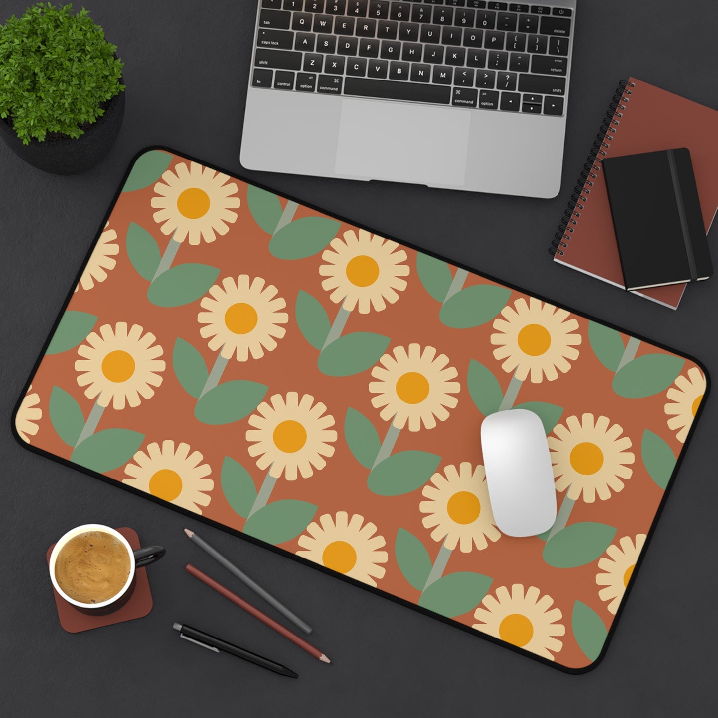 Retro Floral Desk Mat 60s 70s Groovy Hippie Flower Power Office Desk Accessories Funky Boho Chic Mouse Pad Vintage Desk Pad Gift Idea Ladies