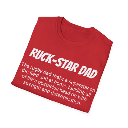 Funny Rugby Dad's Mens Softstyle T-shirt, "Ruck-star Dad", Father's Day Gift, Humorous Unique Novelty Apparel Tee Present