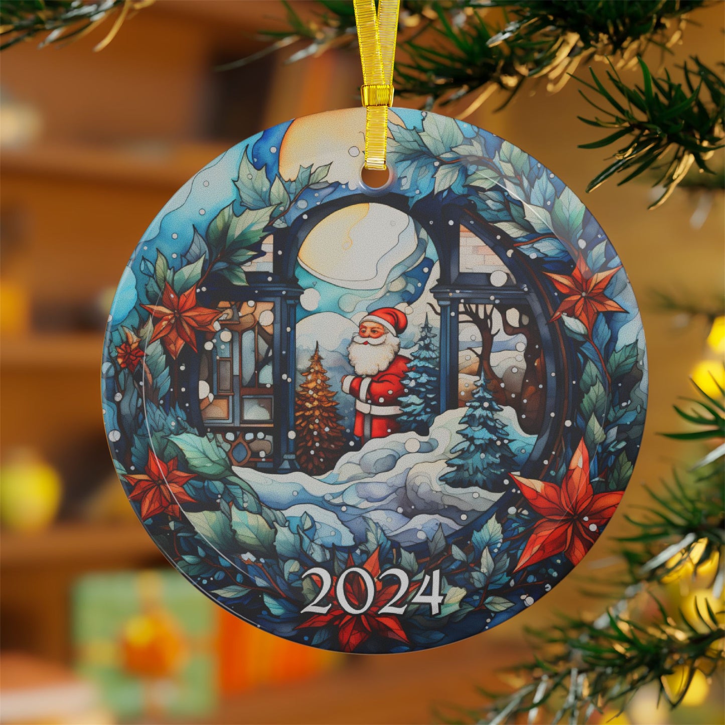 Christmas 2024 Glass Ornament Blue Santa Christmas Decoration Gift Idea Heirloom Keepsake Gift Exchange Xmas Tree Decor Faux Stained Glass