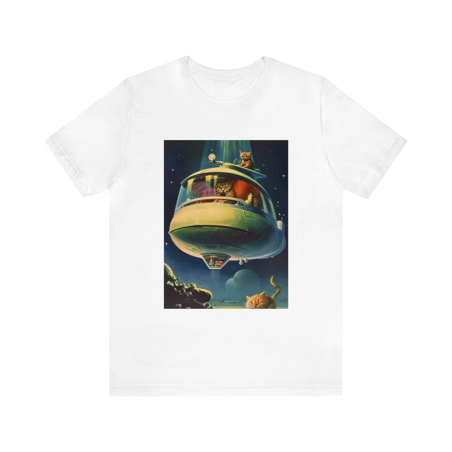 Funny Spaceship Cat UFO Shirts Unique Flying Saucer Retro Vintage Graphic UAP tshirt Galaxy Cat Unisex T-Shirt Cat Lover Tee Weird Cool Gift