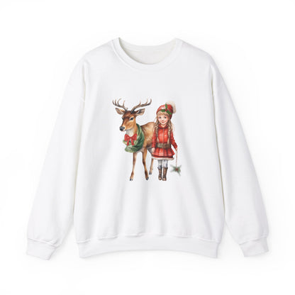 Vintage Reindeer Christmas Sweatshirt 50s Vintage Graphic Tee Vintage Retro Christmas Sweater 1950s Girl and Reindeer Sweat Rudolph Crewneck