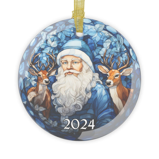 Christmas 2024 Glass Ornament Faux Stained Glass Design Santa with Deer Xmas Tree Ornament White Elephant Gift Exchange Heirloom Keepsake