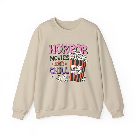 Horror Movies and Chill Sweatshirt Whimsigoth Halloween Sweater Horror Lover Sweatshirt Spooky Popcorn Cute Halloween Scary Movie Fan Gift