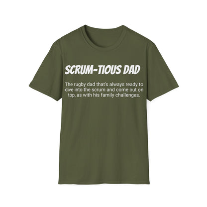 Funny Rugby Dad's Mens Softstyle T-shirt, "Scrum-tious Dad", Father's Day Gift, Humorous Unique Novelty Apparel Tee Present