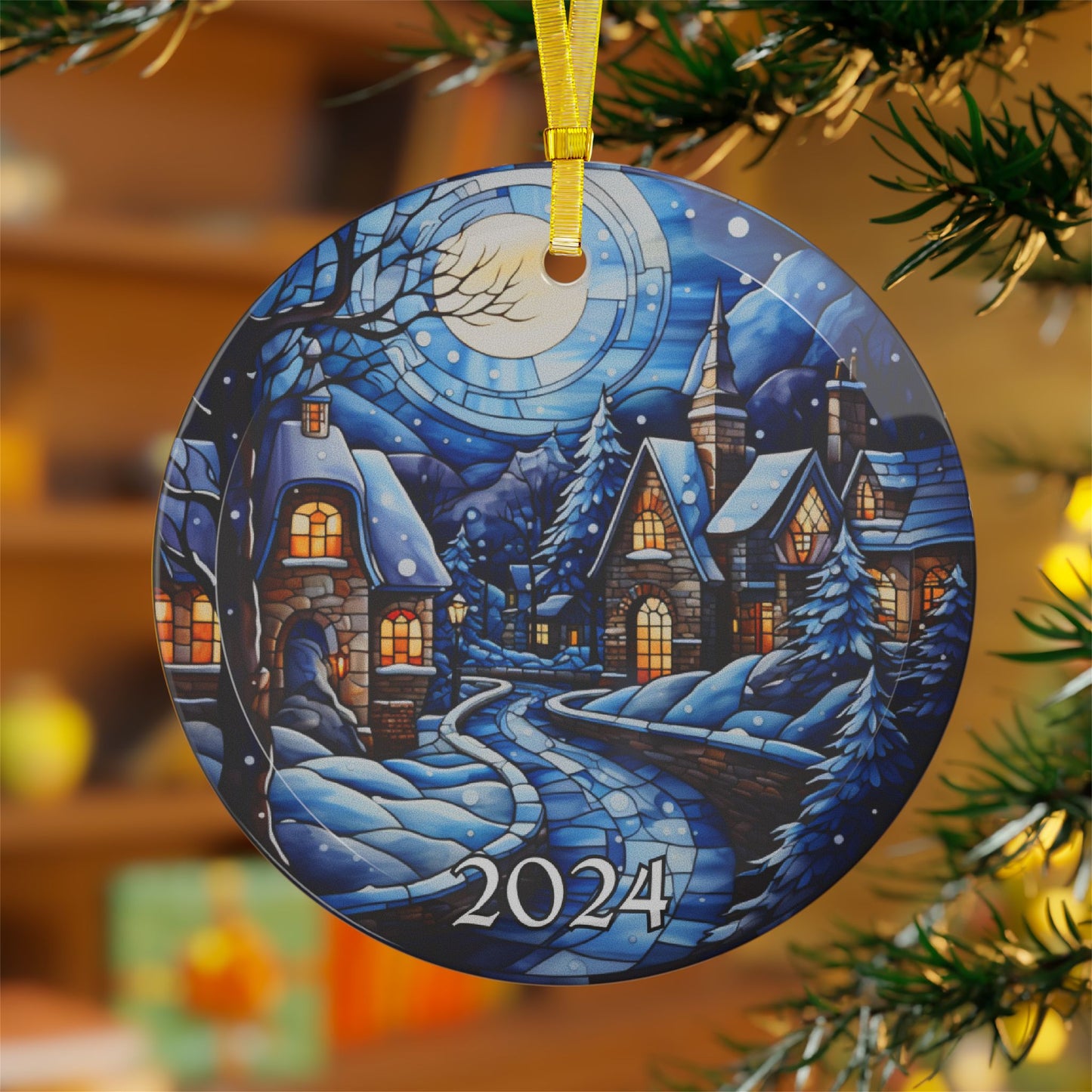 Christmas 2024 Glass Ornament Blue Christmas Decoration Holiday Gift Idea Heirloom Keepsake Gift Exchange Xmas Tree Decor Faux Stained Glass