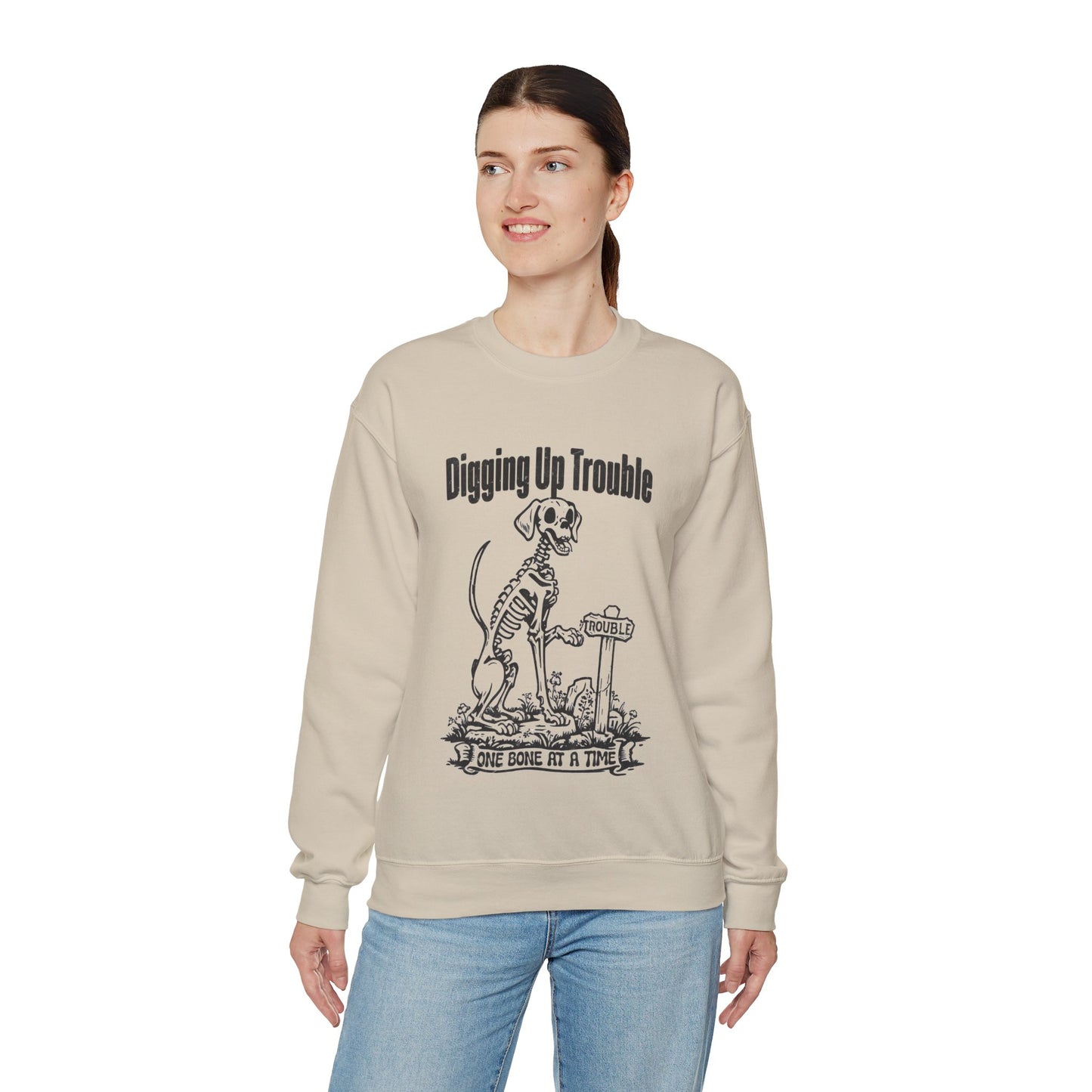 Digging up Trouble Halloween Sweatshirt Skeleton Dog Halloween Sweater Retro Funny Dog Halloween Pullover Sweater Dog Lover Gift Dog Owner