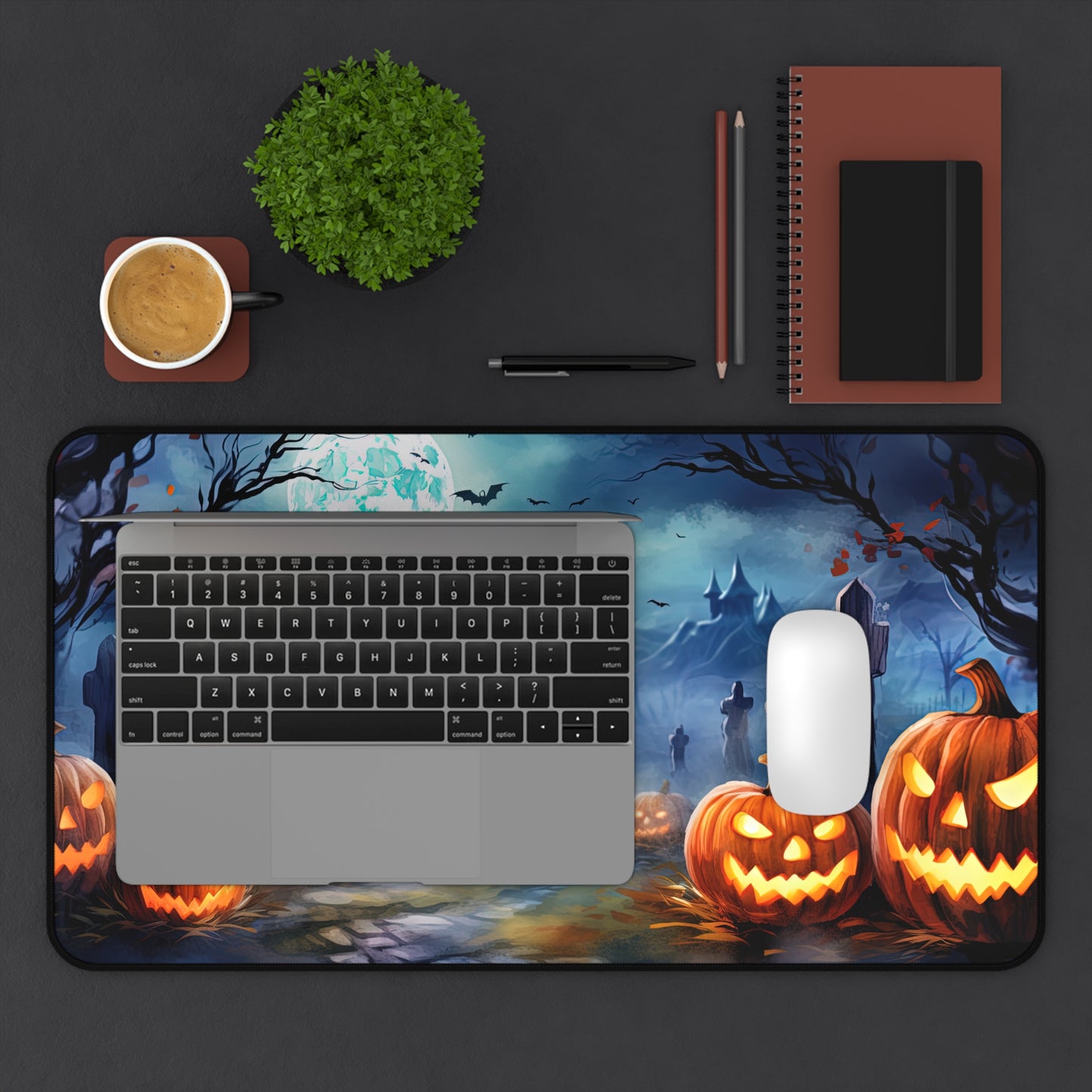 Halloween Desk Mat Haunted Graveyard Office Desk Accessories Creepy Pumpkins Large Mouse Pad Airey Full Moon Desk Pad Spooky Gaming Mousepad