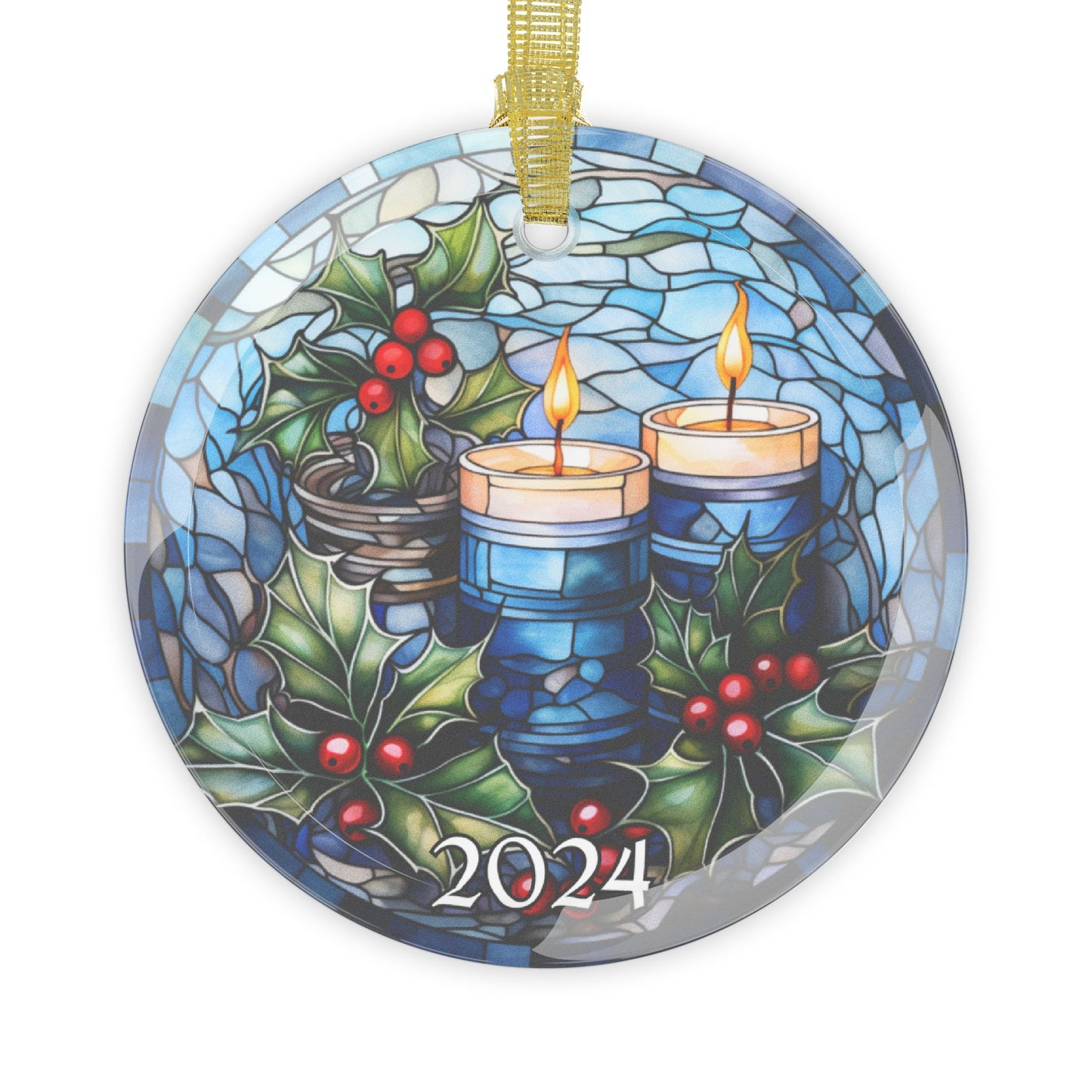 Christmas 2024 Glass Ornament Christmas Candles Decor Holiday Gift Idea Heirloom Keepsake Gift Exchange Xmas Tree Decor Faux Stained Glass