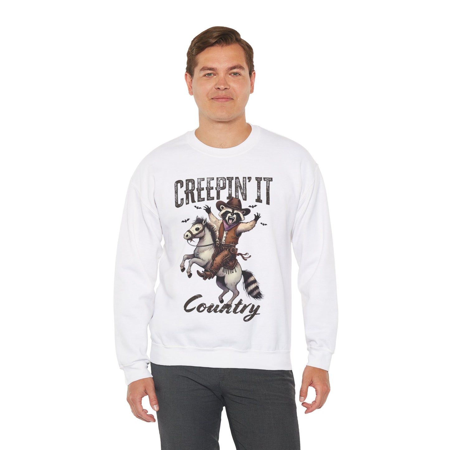 Raccoon Cowboy Halloween Creepin' It Country Funny Meme Sweatshirt Rodeo Raccoon Cowboy Pullover Sweater Western Rodeo Halloween Spooky Gift