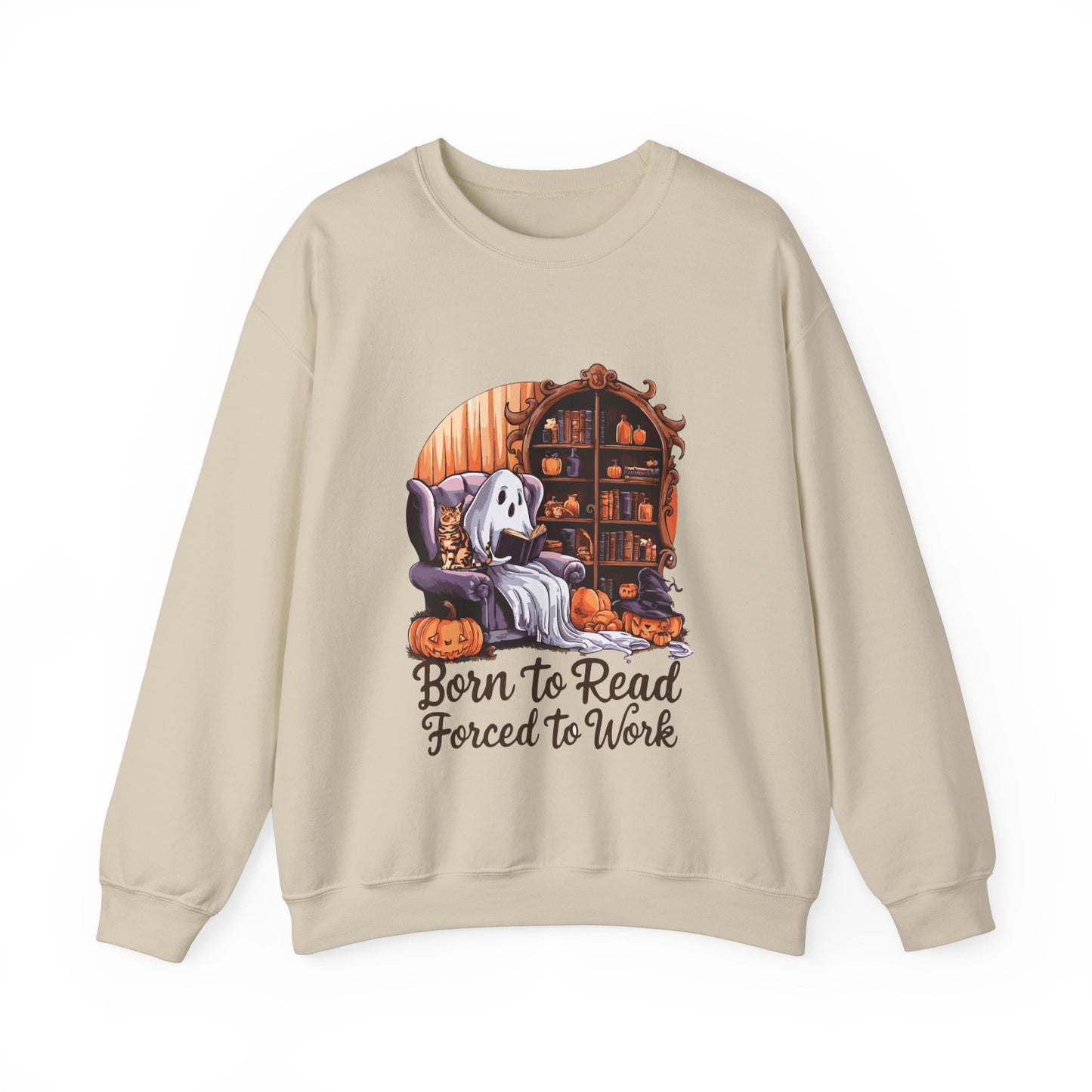 Born To Read Forced To Work Sweatshirt Funny Halloween Ghost Reading Book Sweater Book Addict Gift Book Lover Pullover Sweater Librarian Gift