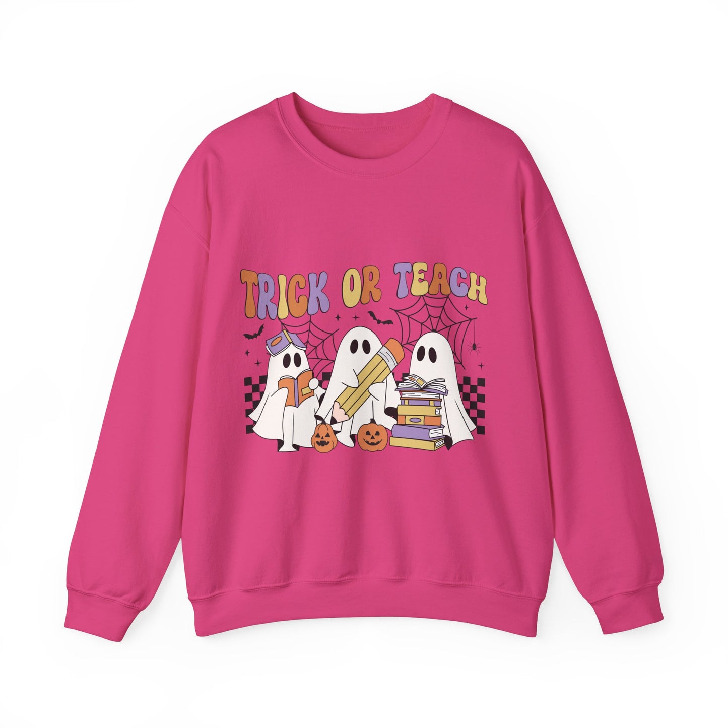 Trick or Teach Sweatshirt Halloween Teacher Sweater Retro Groovy Ghosts Teacher Pullover Sweater Bookish Ghosts Halloween Gift Ghost Teacher