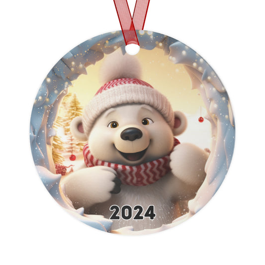 3D Breakthrough Cute Polar Bear Ornament 2024 Christmas Decoration Round Metal Holiday 2024 Gift Idea Xmas Exchange Gift White Elephant