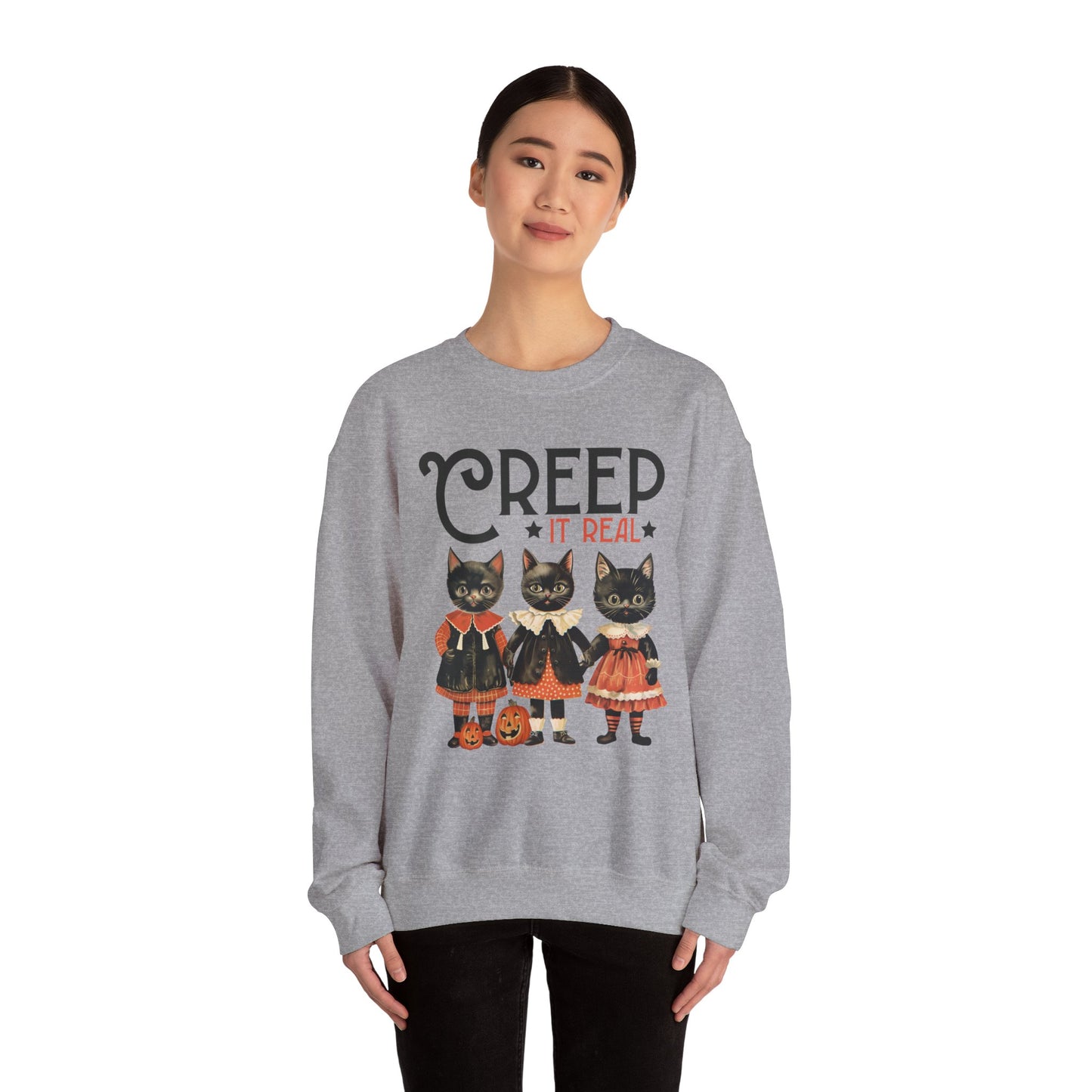 Creep It Real Sweatshirt Vintage 1950s Halloween Sweater Retro Halloween Sweatshirt Funny Black Cats Halloween Apparel Fall Season Cat Lover