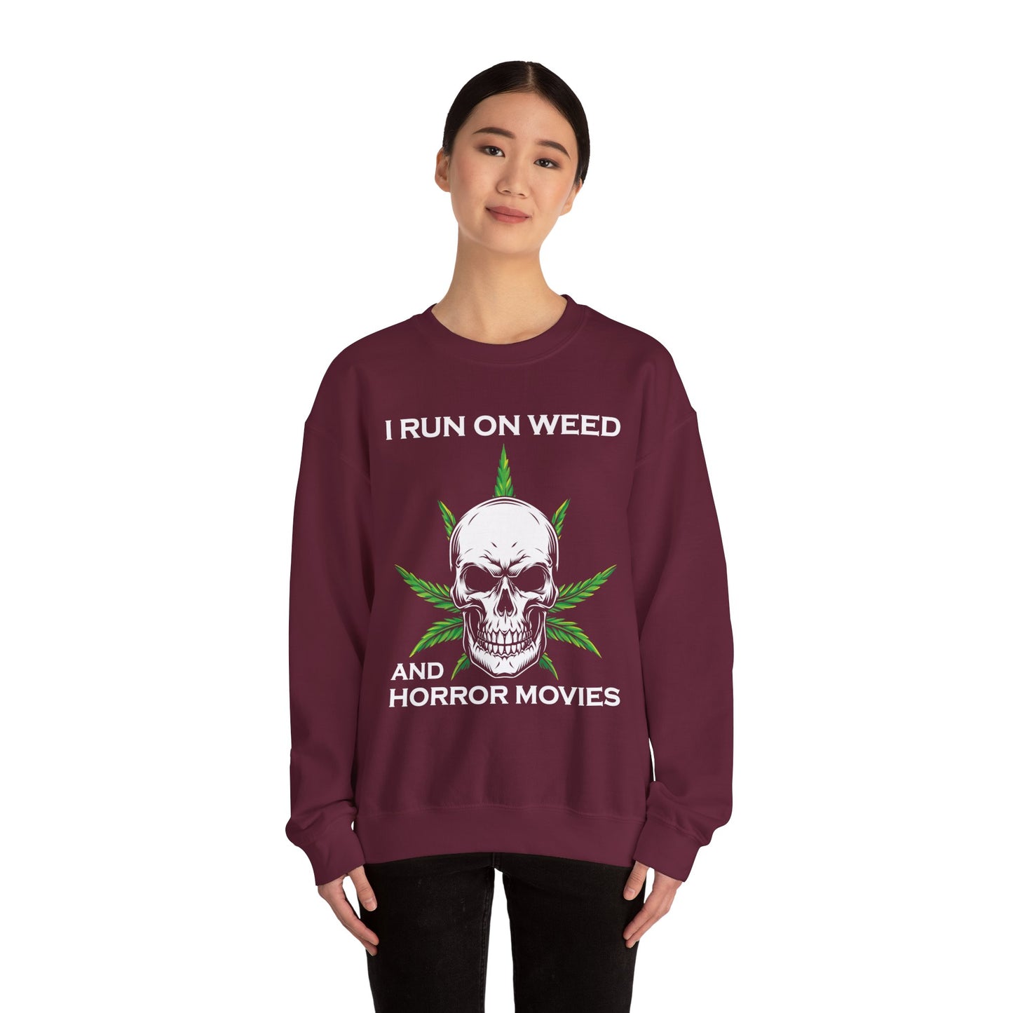 I Run On Weed Horror Movies Sweatshirt Funny Halloween Sweater Stoner Gift Cannabis Halloween Crewneck Scary Halloween Weed Skull Sweater