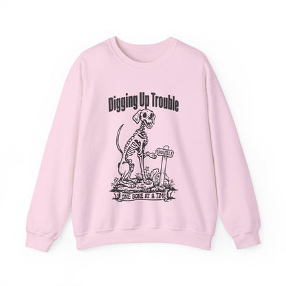 Digging up Trouble Halloween Sweatshirt Skeleton Dog Halloween Sweater Retro Funny Dog Halloween Pullover Sweater Dog Lover Gift Dog Owner