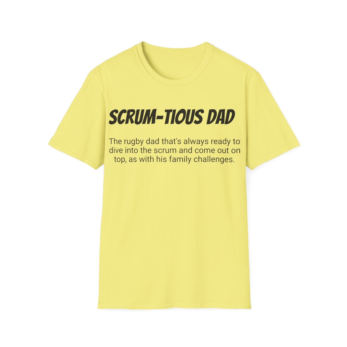 Funny Rugby Dad's Mens Softstyle T-shirt, "Scrum-tious Dad", Father's Day Gift, Humorous Unique Novelty Apparel Tee Present