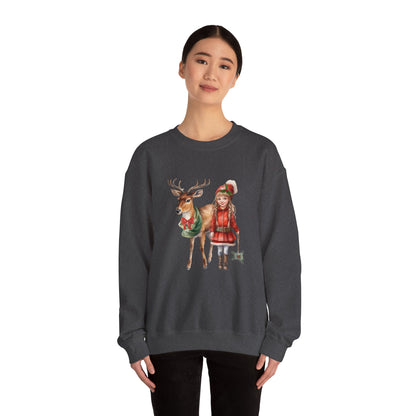 Vintage Reindeer Christmas Sweatshirt 50s Vintage Graphic Tee Vintage Retro Christmas Sweater 1950s Girl and Reindeer Sweat Rudolph Crewneck