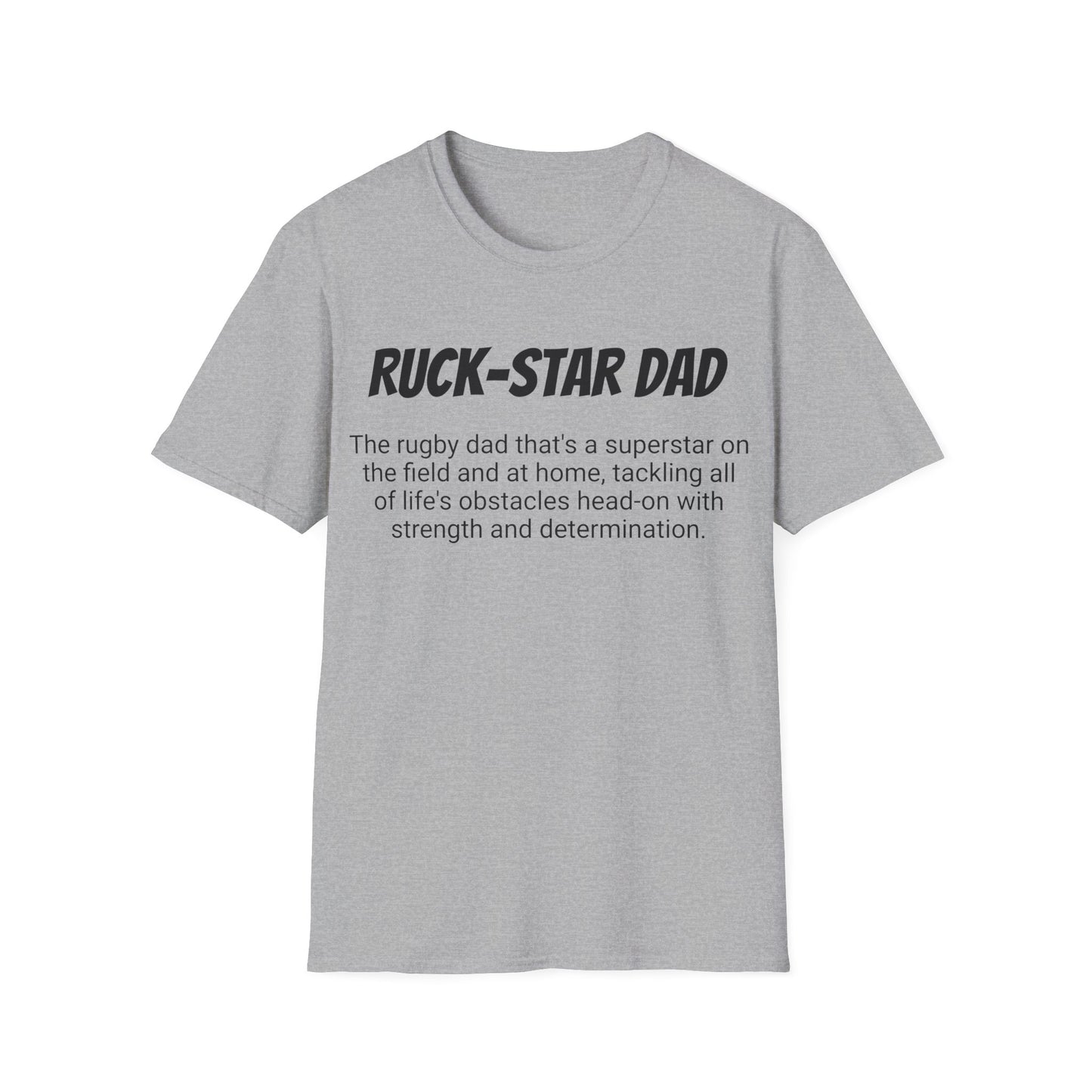 Funny Rugby Dad's Mens Softstyle T-shirt, "Ruck-star Dad", Father's Day Gift, Humorous Unique Novelty Apparel Tee Present