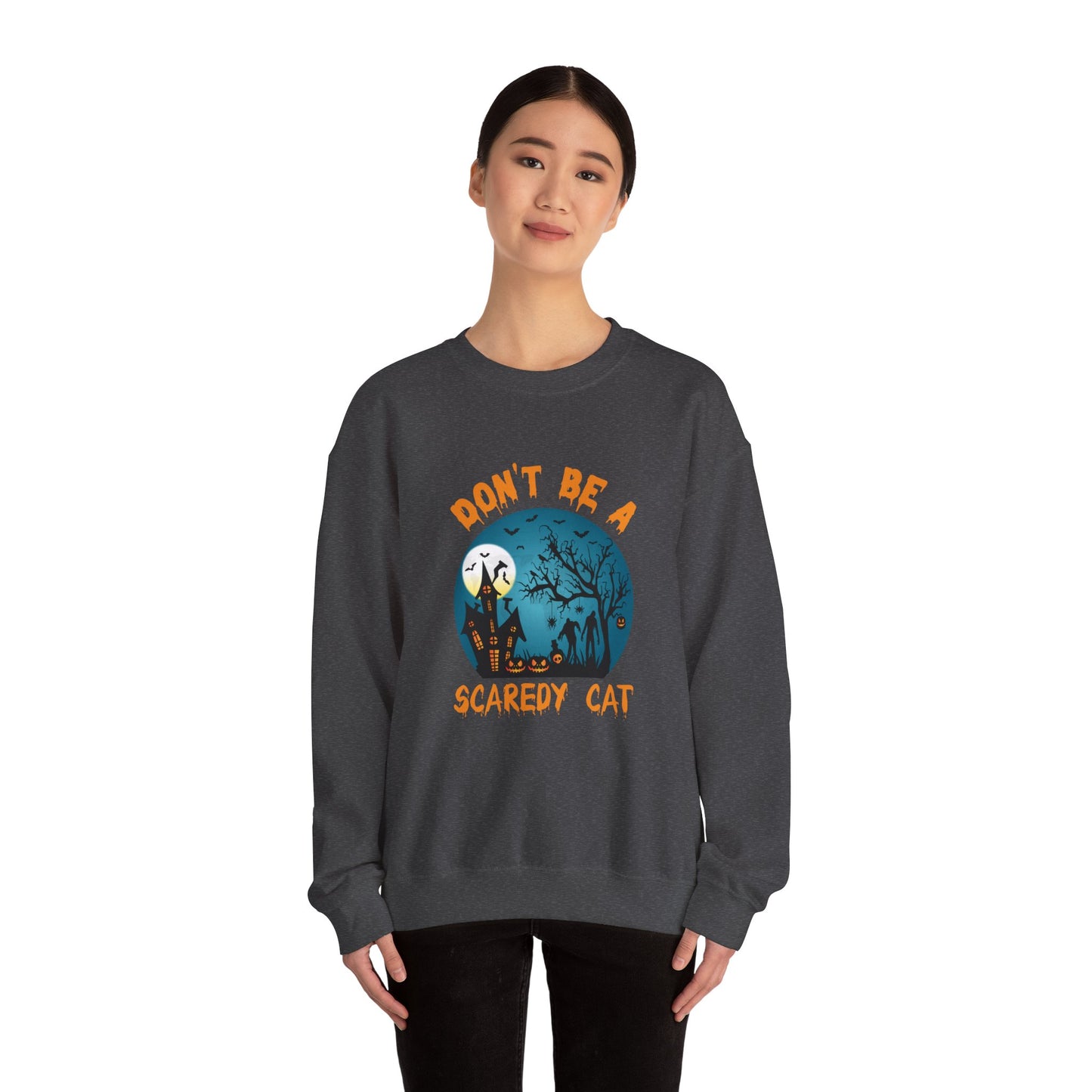 Don't Be A Scaredy Cat Sweatshirt Funny Halloween Sweater Retro Halloween Spooky Season Apparel Cute Halloween Crewneck Witch Sweater Gift