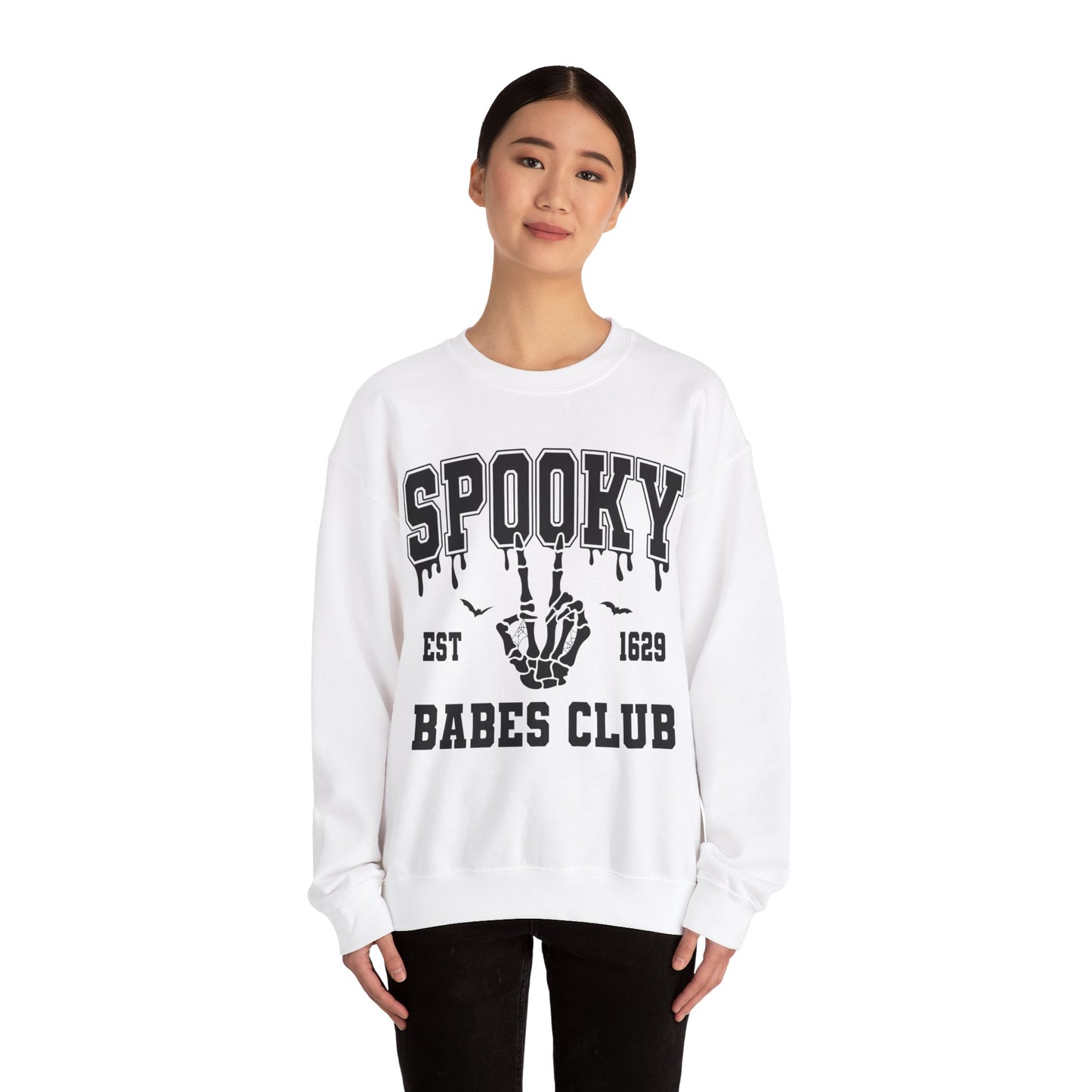 Spooky Babes Club Halloween Sweatshirt Est 1629 Cute Halloween Crewneck Fall Sweater Cool Halloween Apparel Skeleton Hand Unique Women Gift