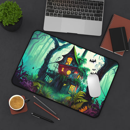 Retro Halloween Desk Mat Haunted House Office Desk Accessory Whimsigoth Large Mouse Pad Spooky Bats Desk Pad XL Neon Forest Gaming Mousepad