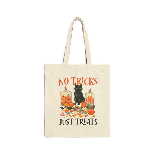 No Tricks Just Treats Bag Vintage 1950s Halloween Treat Bag Candy Bag Halloween Tote Bag Retro Halloween Canvas Bag Black Cat Trick or Treat