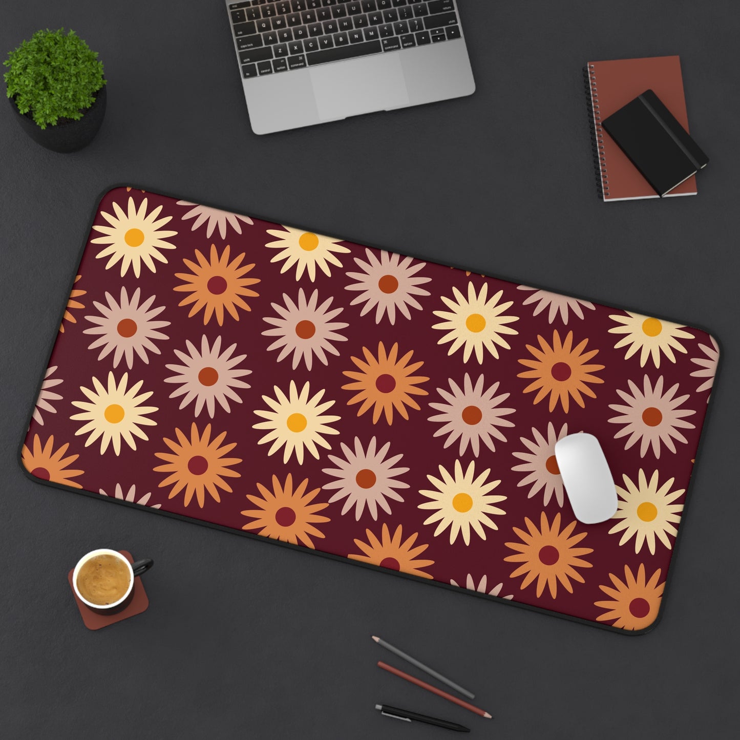 Retro Floral Desk Mat Groovy Boho Chic Office Desk Accessories 60s 70s Hippie Flower Power Mouse Pad Funky Vintage Desk Pad Gift Idea Ladies