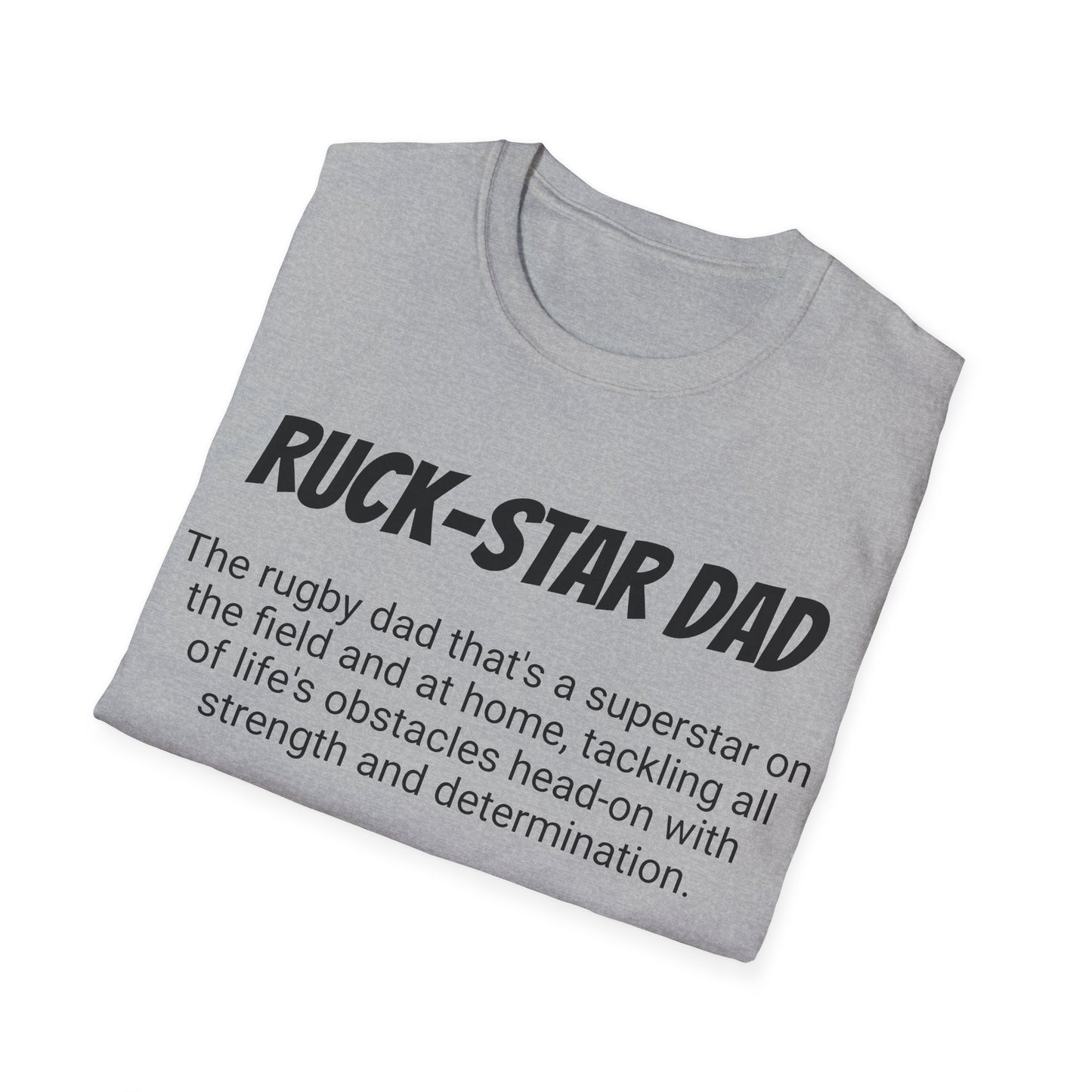 Funny Rugby Dad's Mens Softstyle T-shirt, "Ruck-star Dad", Father's Day Gift, Humorous Unique Novelty Apparel Tee Present