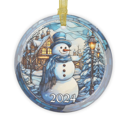 Christmas 2024 Glass Ornament Blue Snowman Christmas Decoration Holiday Gift Idea Heirloom Keepsake Gift Exchange Xmas Tree Decor Faux Stained Glass