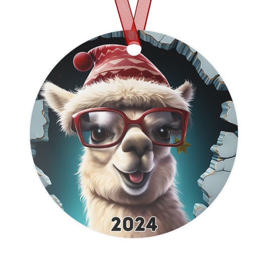 3D Breakthrough Funny Alpaca Ornament 2024 Christmas Decoration Round Metal Holiday 2024 Gift Idea Funny Exchange Gift White Elephant Xmas