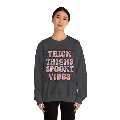 Thick Thighs And Spooky Vibes Sweatshirt Retro Halloween Sweater Groovy Halloween Party Outfit Spooky Season Funny Halloween Apparel Fall