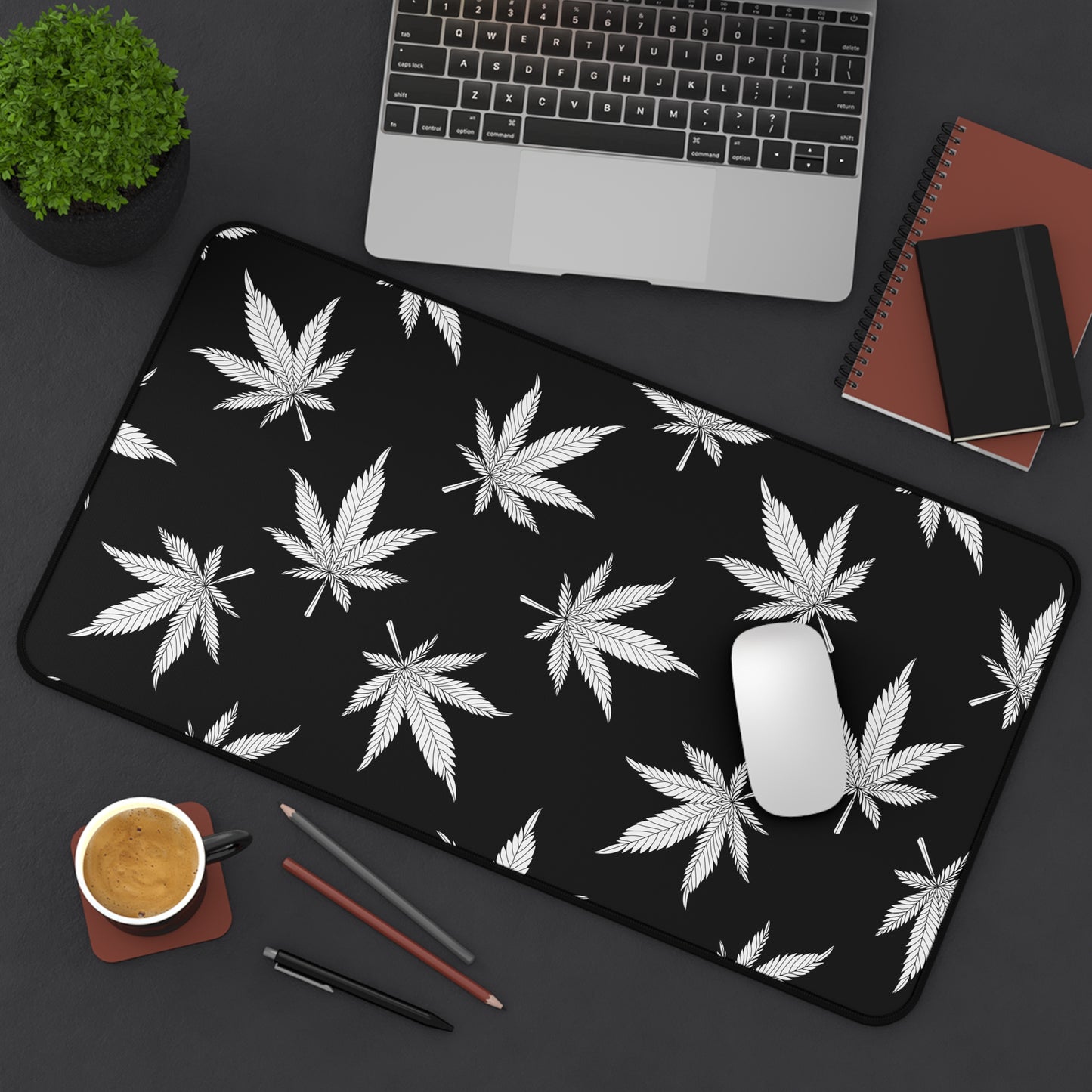 Cannabis Gaming Desk Mat Black White Office Desk Accessory Marijuana Mouse Pad Pot Leaves Desk Pad Weed Large Mousepad XL Unique Gift Men