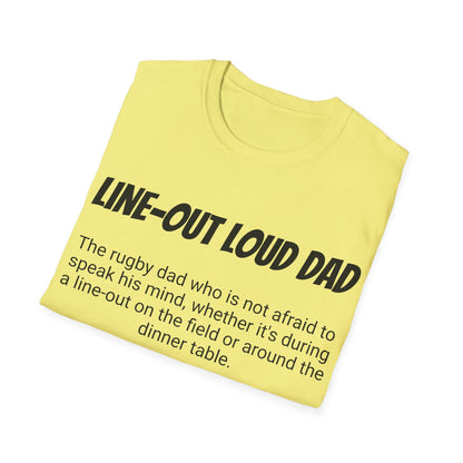 Funny Rugby Dad's Mens Softstyle T-shirt, "Line-out Loud Dad", Father's Day Gift, Humorous Unique Novelty Apparel Tee Present