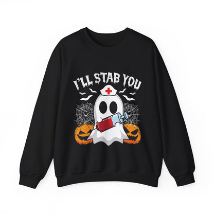 Funny Nurse Ghost Sweatshirt I’ll Stab You Halloween Sweater Ghost Nurse Halloween Spooky Season Pullover Sweater Boo Nursing Student Gift