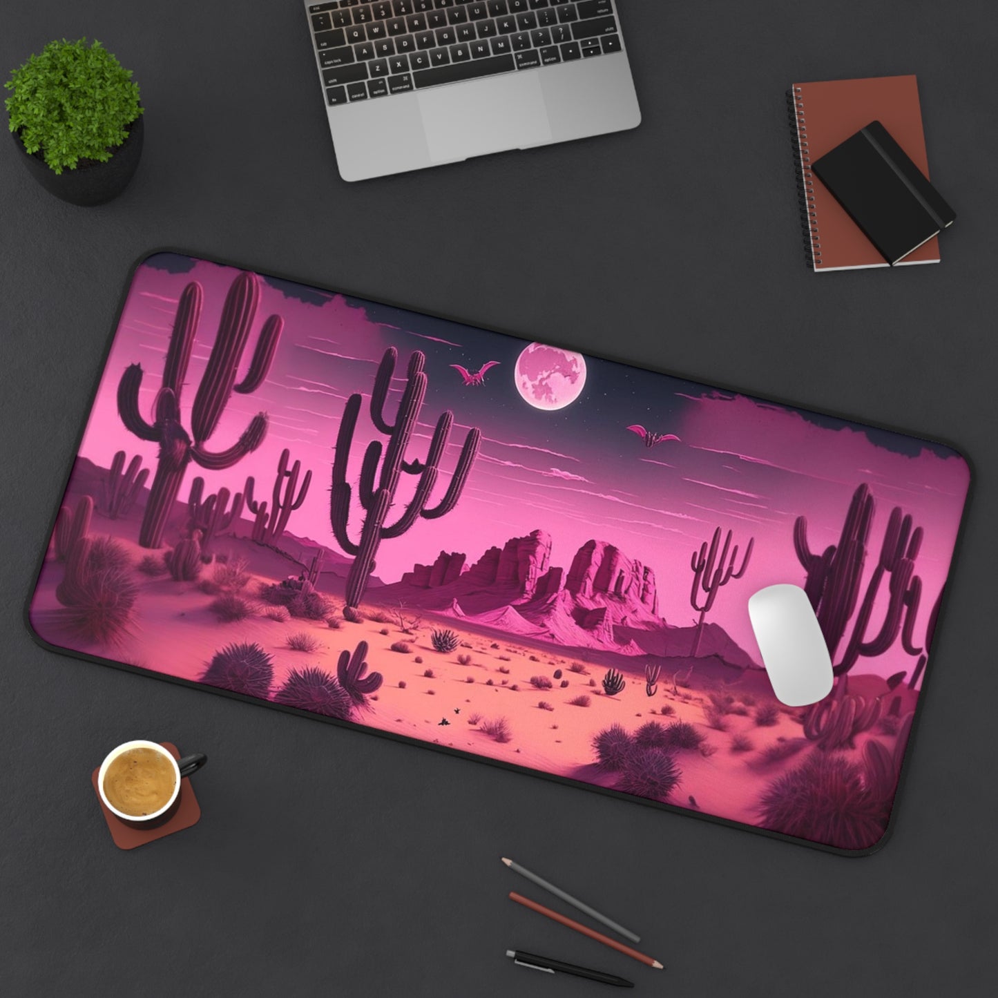 Western Halloween Desk Mat Spooky Office Desk Accessories Pink Desert Mouse Pad Creepy Bats Desk Pad Large Gaming Mousepad XL Unique Gift