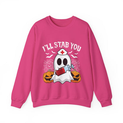 Funny Nurse Ghost Sweatshirt I’ll Stab You Halloween Sweater Ghost Nurse Halloween Spooky Season Pullover Sweater Boo Nursing Student Gift