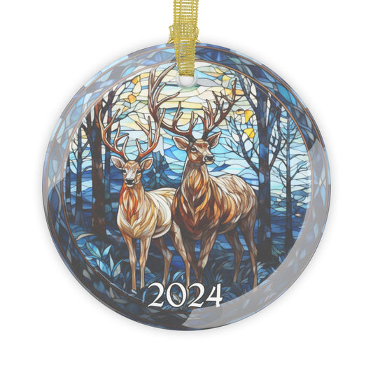 Christmas 2024 Glass Ornament Blue Deer Christmas Decoration Gift Idea Heirloom Keepsake Gift Exchange Xmas Tree Decor Faux Stained Glass