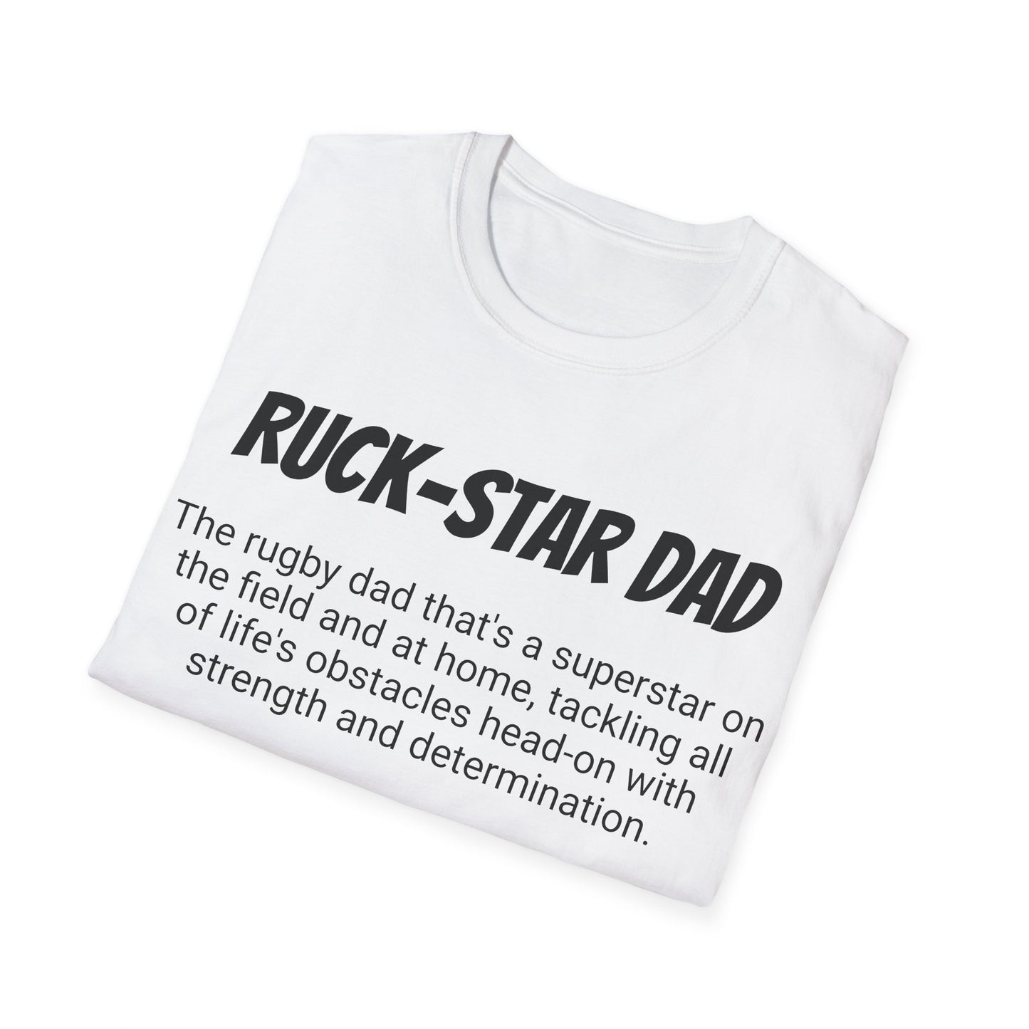 Funny Rugby Dad's Mens Softstyle T-shirt, "Ruck-star Dad", Father's Day Gift, Humorous Unique Novelty Apparel Tee Present