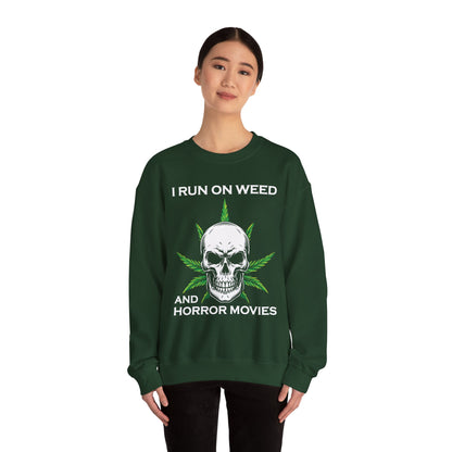 I Run On Weed Horror Movies Sweatshirt Funny Halloween Sweater Stoner Gift Cannabis Halloween Crewneck Scary Halloween Weed Skull Sweater