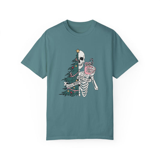 Comfort Colors® Sorta Merry Sorta Scary Tee Funny Christmas Tshirt Cute Spooky Season Shirt Christmas Skeleton TShirt Retro Vintage Xmas Tee