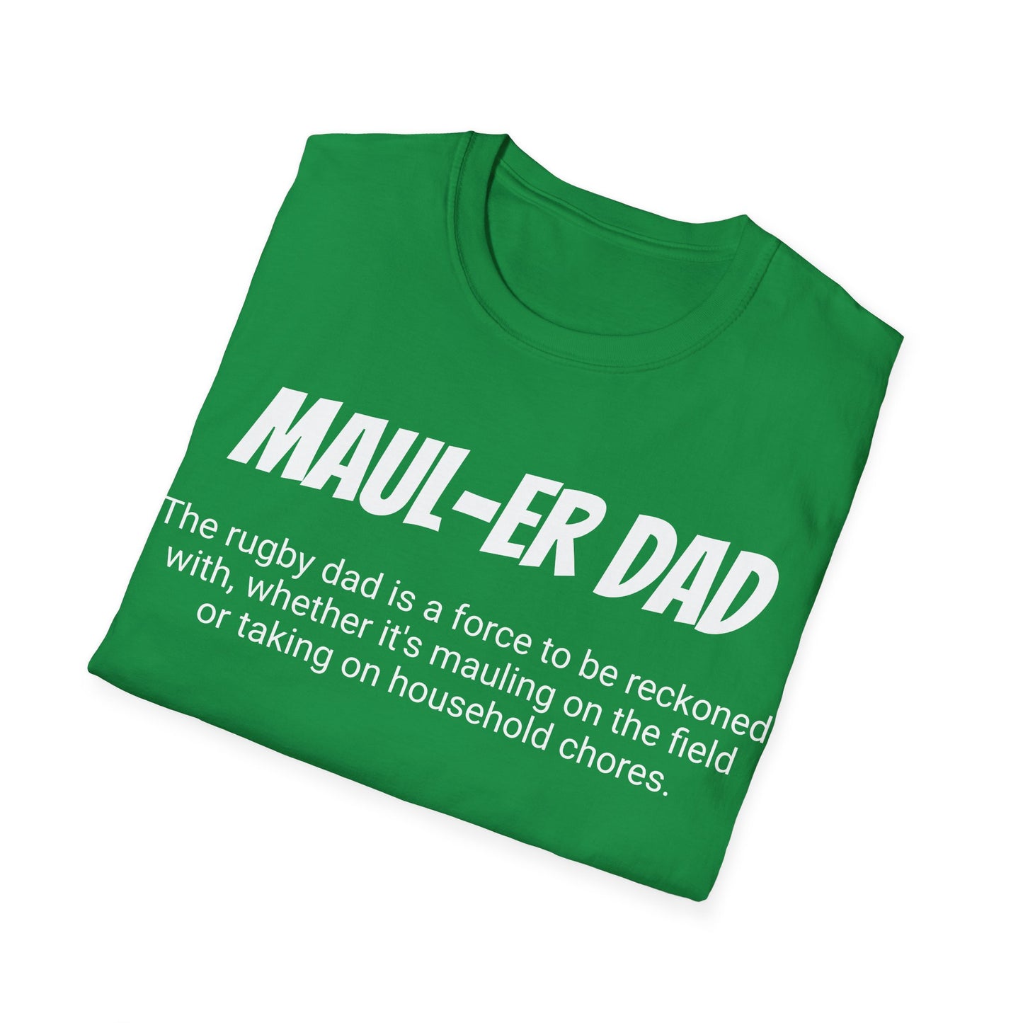 Funny Rugby Dad's Mens Softstyle T-shirt, "Maul-er Dad", Father's Day Gift, Humorous Unique Novelty Apparel Tee Present