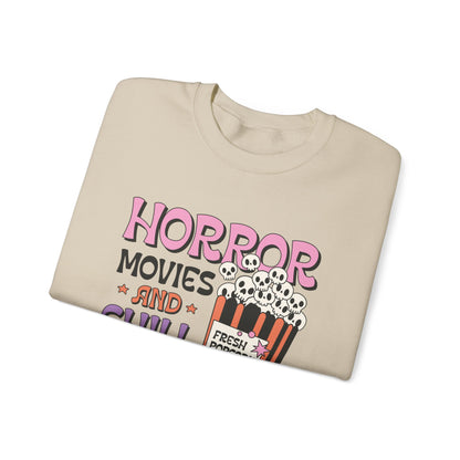 Horror Movies and Chill Sweatshirt Whimsigoth Halloween Sweater Horror Lover Sweatshirt Spooky Popcorn Cute Halloween Scary Movie Fan Gift