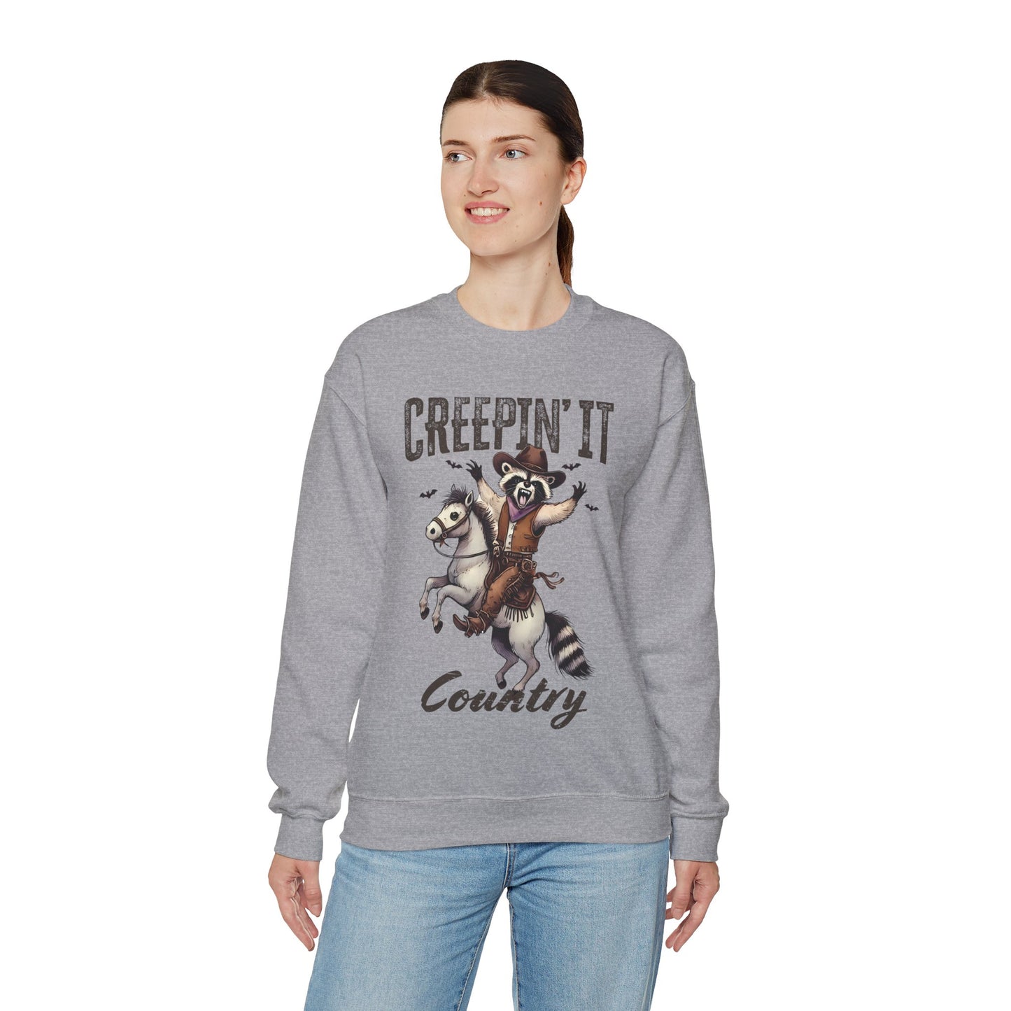 Raccoon Cowboy Halloween Creepin' It Country Funny Meme Sweatshirt Rodeo Raccoon Cowboy Pullover Sweater Western Rodeo Halloween Spooky Gift