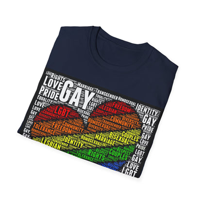 Unisex LGBTQ Lesbian Gay Pride Word Cloud T-Shirt, Proud Love Support Gift, Rainbow Heart Apparel, Unique Pride Month t shirt