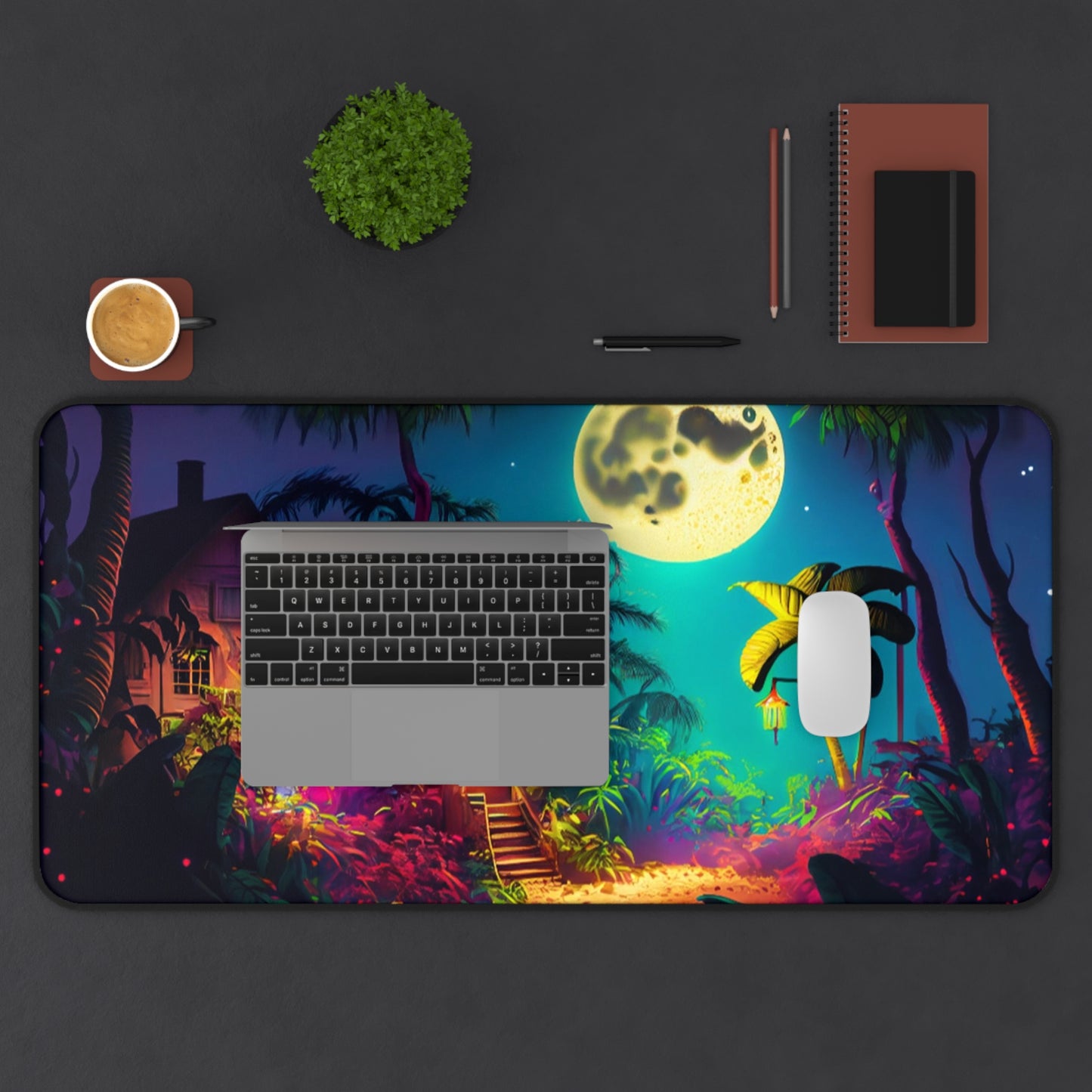 Retro Halloween Desk Mat Haunted House Office Desk Accessory Whimsigoth Large Mouse Pad Full Moon Desk Pad XL Tropical Neon Gaming Mousepad