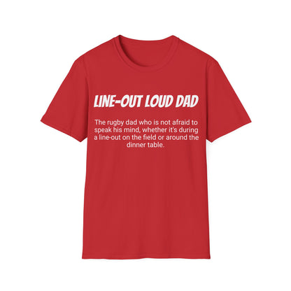 Funny Rugby Dad's Mens Softstyle T-shirt, "Line-out Loud Dad", Father's Day Gift, Humorous Unique Novelty Apparel Tee Present