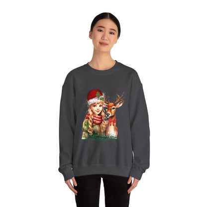 Vintage Reindeer Christmas Sweatshirt Retro Christmas Sweater Vintage Graphic Tee Vintage 1950s Girl and Reindeer Sweater Rudolph Crewneck