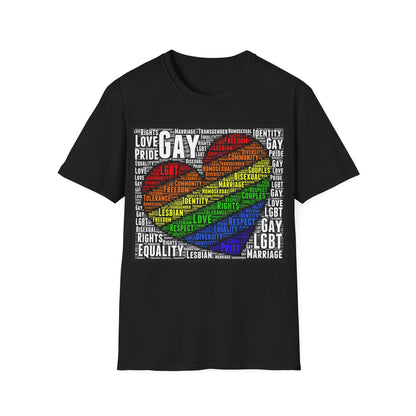 Unisex LGBTQ Lesbian Gay Pride Word Cloud T-Shirt, Proud Love Support Gift, Rainbow Heart Apparel, Unique Pride Month t shirt