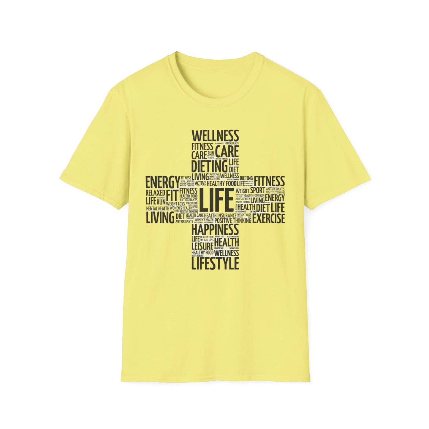 Unisex Happy Life Cross T-Shirt, Fitness Lifestyle Health Wellness Word Cloud t shirt, Positive Thinking Motivation Tee Shirt